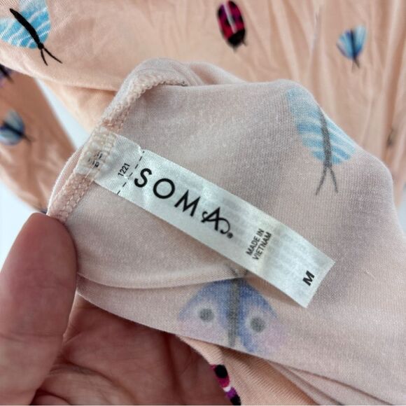 Soma Peach Sleepwear button up shirt pant set with beetle Insect Design womens M - Picture 5 of 11